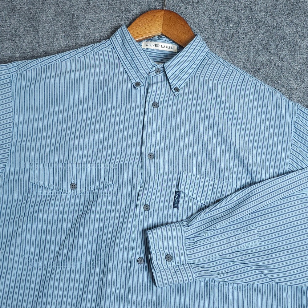 Vintage Levis Silver Label Shirt Mens Medium M Blue Grey Striped Button Down 90s